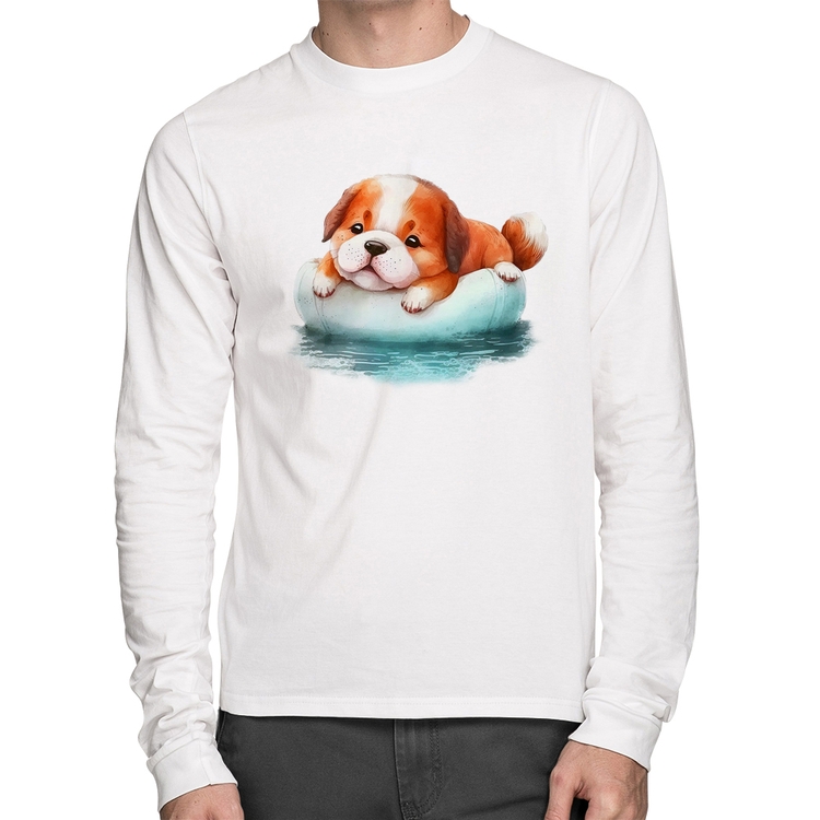 Camiseta Algodão Cachorrinho Na Piscina  Manga Longa - Branca