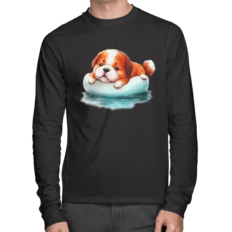 Camiseta Algodão Cachorrinho Na Piscina  Manga Longa