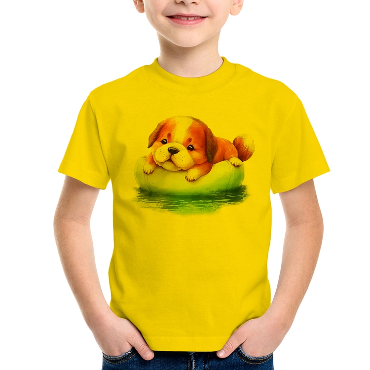 Camiseta Infantil Cachorrinho Na Piscina  - Amarela