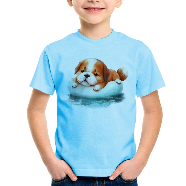 Camiseta Infantil Cachorrinho Na Piscina  - Azul Bebê