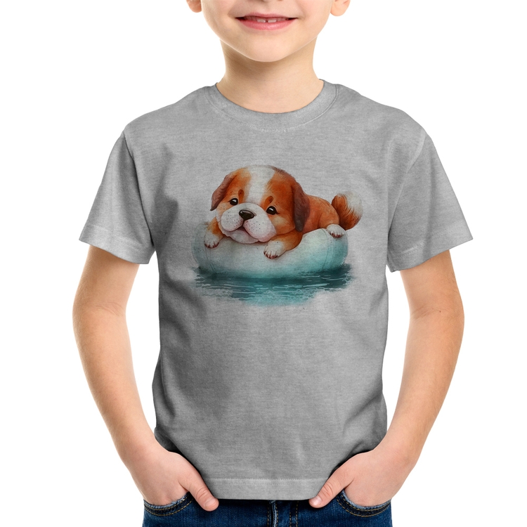 Camiseta Infantil Cachorrinho Na Piscina  - Cinza