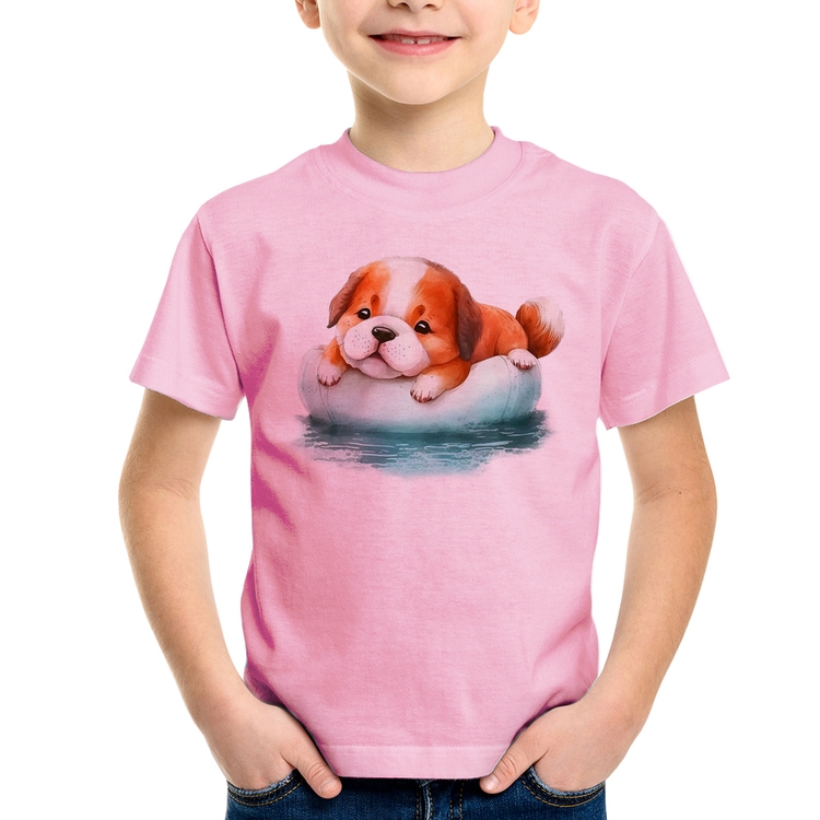 Camiseta Infantil Cachorrinho Na Piscina  - Rosa Bebê
