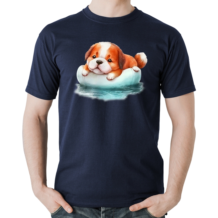 Camiseta Algodão Cachorrinho Na Piscina  - Marinho