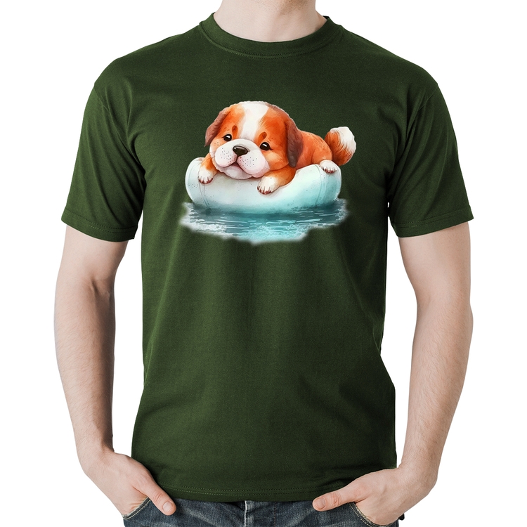 Camiseta Algodão Cachorrinho Na Piscina  - Musgo