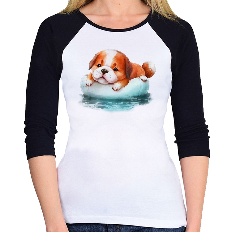 Baby Look Raglan Cachorrinho Na Piscina  Manga 3/4