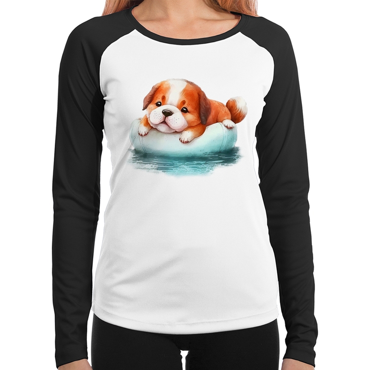 Baby Look Raglan Cachorrinho Na Piscina  Manga Longa