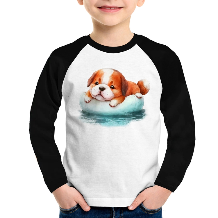 Camiseta Raglan Infantil Cachorrinho Na Piscina  Manga Longa