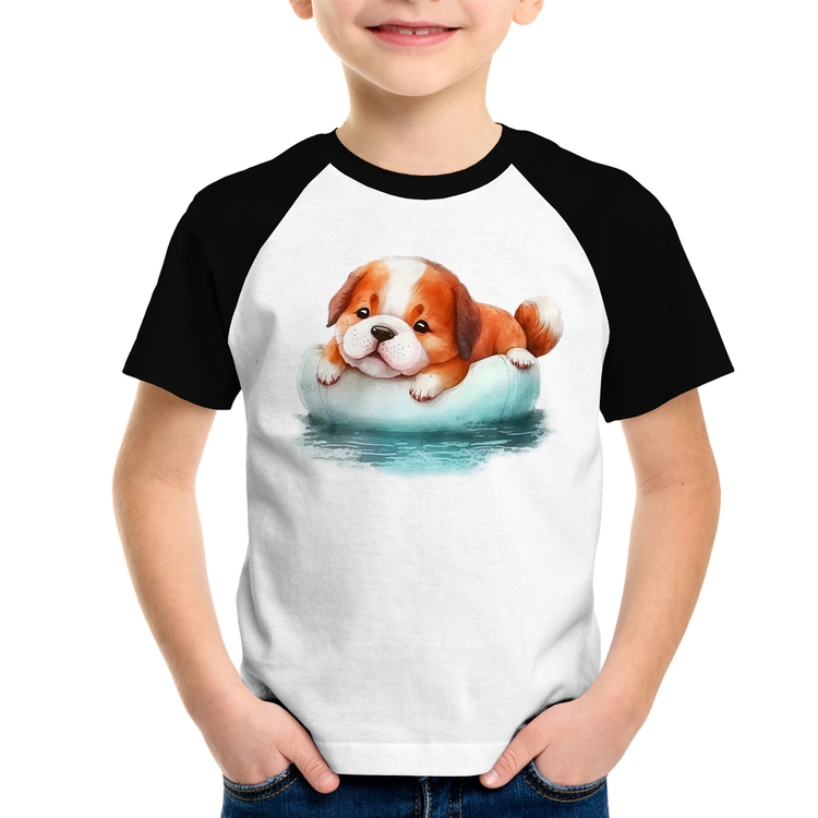 Camiseta Raglan Infantil Cachorrinho Na Piscina 