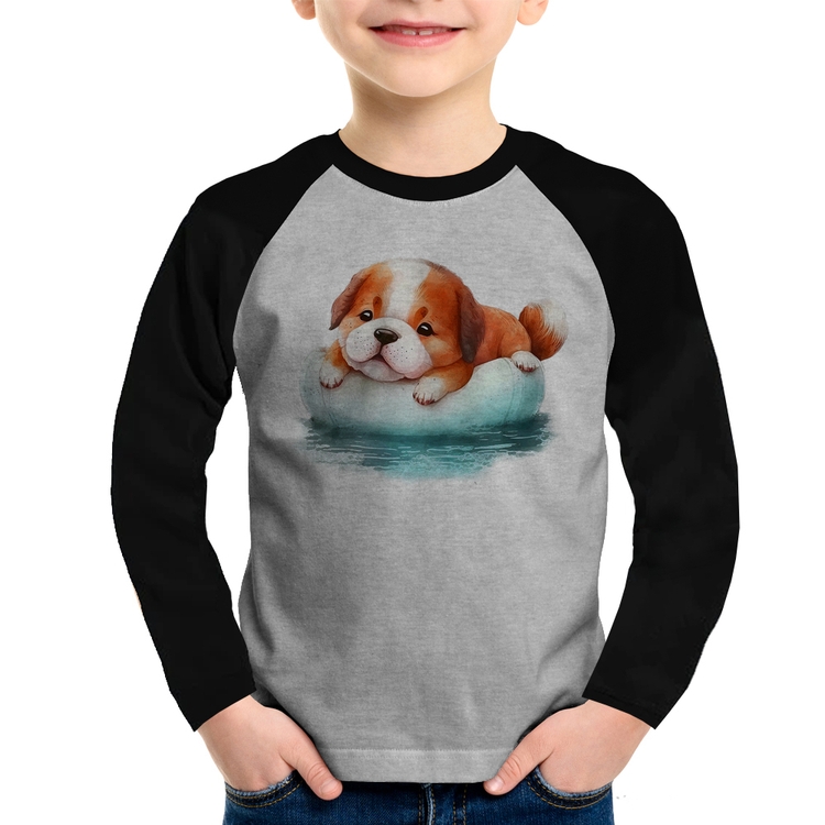 Camiseta Raglan Infantil Cachorrinho Na Piscina  Manga Longa - Cinza/Preto