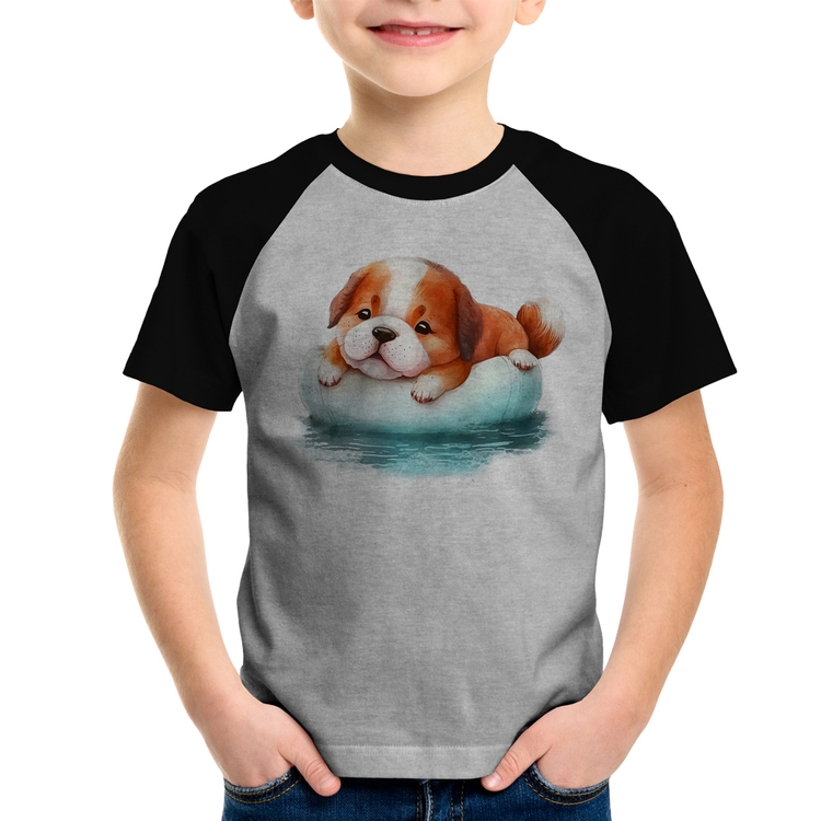 Camiseta Raglan Infantil Cachorrinho Na Piscina  - Cinza/Preto