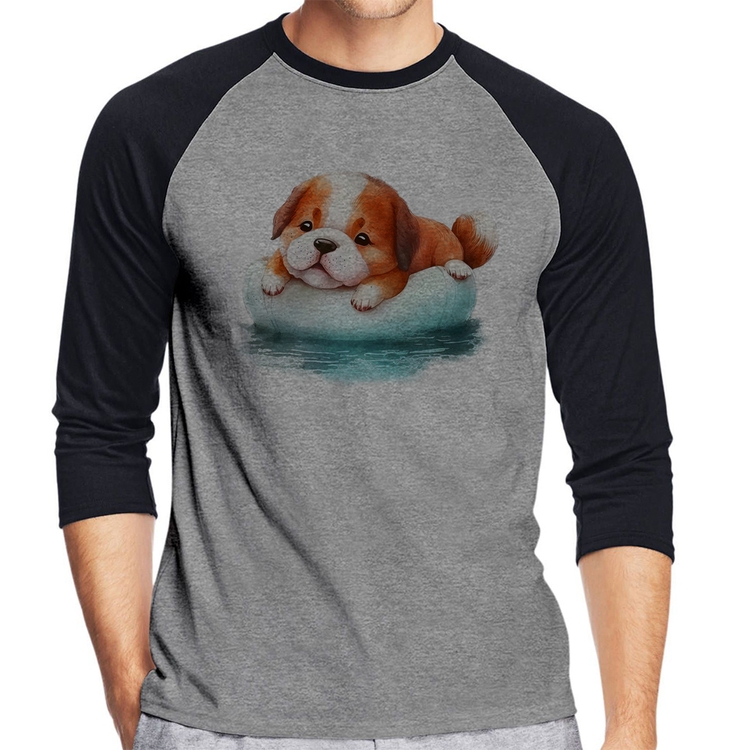 Camiseta Raglan Cachorrinho Na Piscina  Manga 3/4 - Cinza/Preto