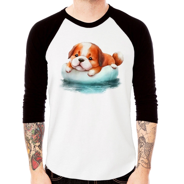 Camiseta Raglan Cachorrinho Na Piscina  Manga 3/4