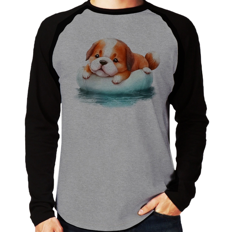 Camiseta Raglan Cachorrinho Na Piscina  Manga Longa - Cinza/Preto