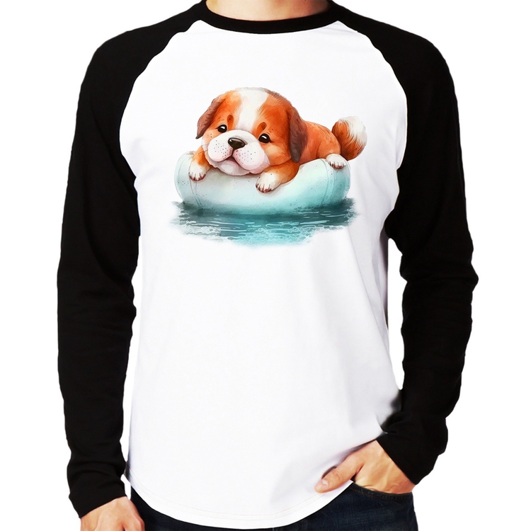 Camiseta Raglan Cachorrinho Na Piscina  Manga Longa