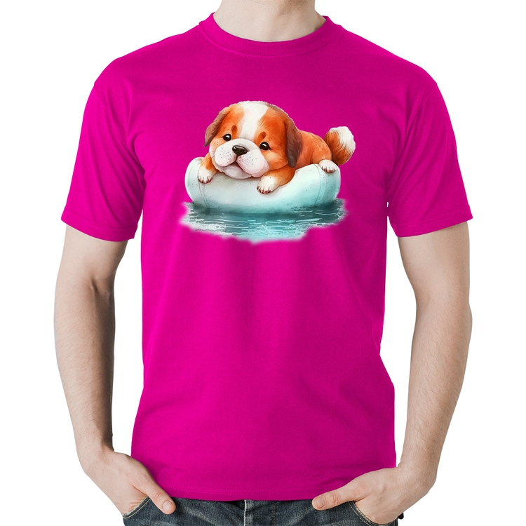 Camiseta Algodão Cachorrinho Na Piscina  - Rosa