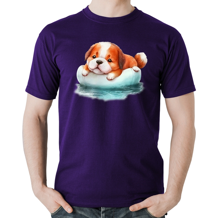 Camiseta Algodão Cachorrinho Na Piscina  - Roxa