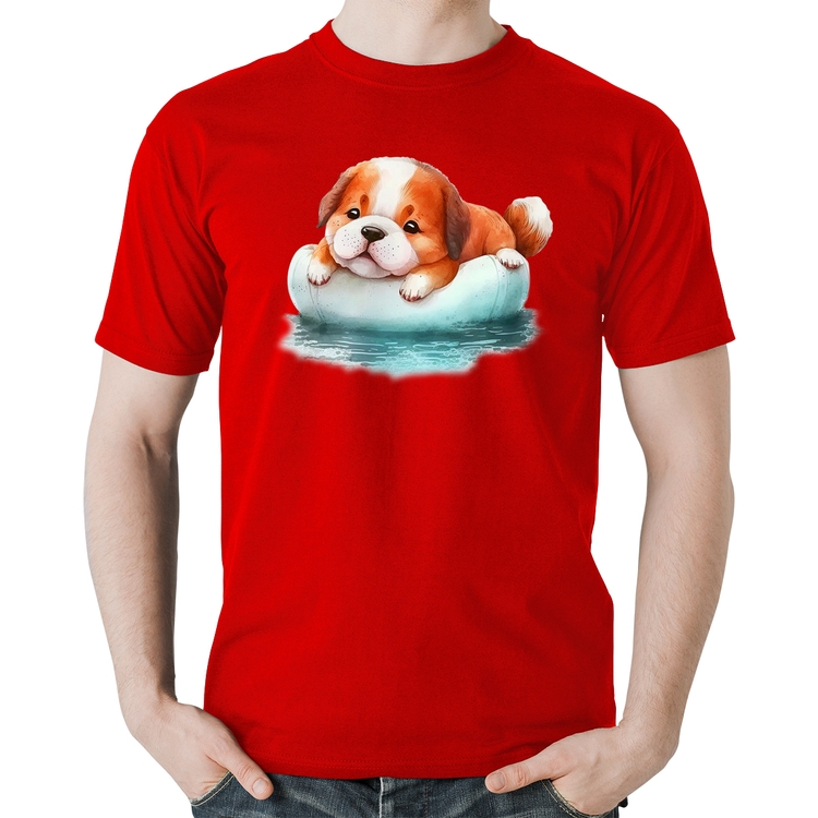 Camiseta Algodão Cachorrinho Na Piscina  - Vermelha