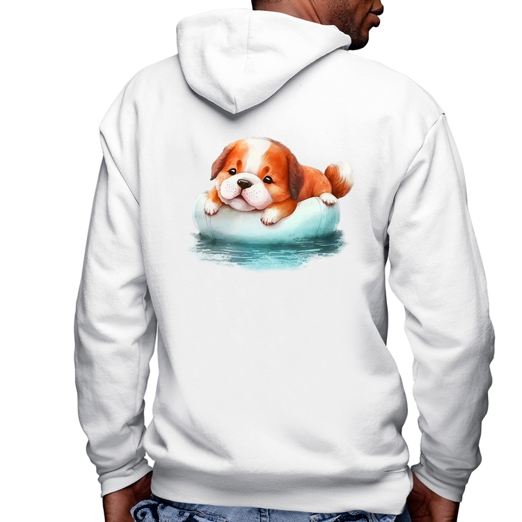 Blusa Moletom Cachorrinho Na Piscina  Masculina com Capuz e Zíper - Branca