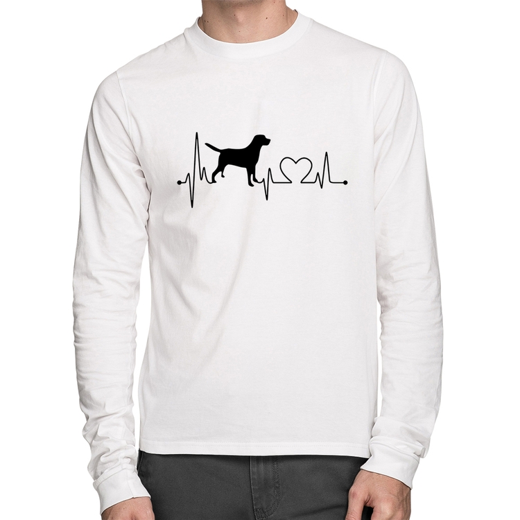 Camiseta Algodão Cachorro Batimentos Cardíacos Manga Longa - Branca