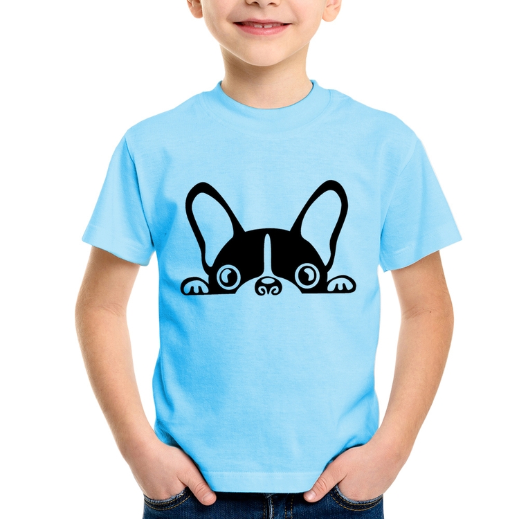 Camiseta Infantil Cachorro Boston Terrier - Azul Bebê