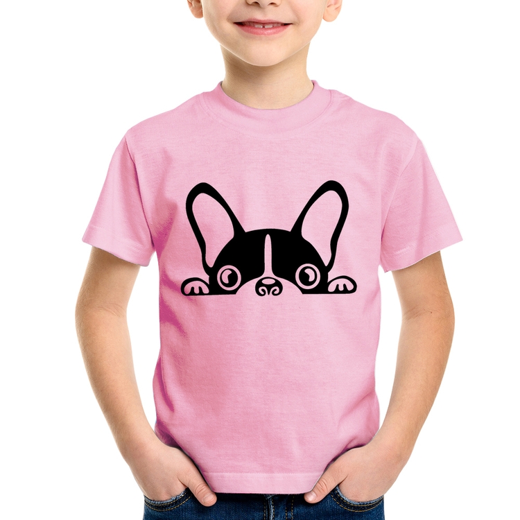 Camiseta Infantil Cachorro Boston Terrier - Rosa Bebê