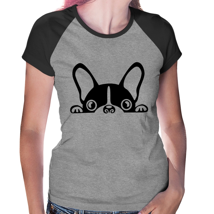 Baby Look Raglan Cachorro Boston Terrier - Cinza/Preto
