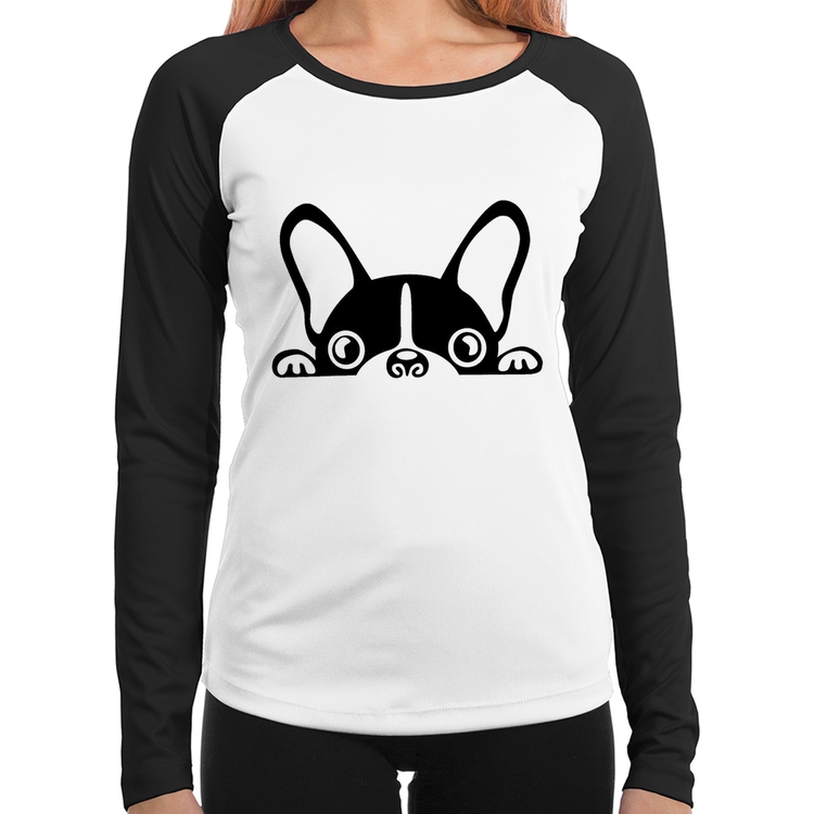 Baby Look Raglan Cachorro Boston Terrier Manga Longa