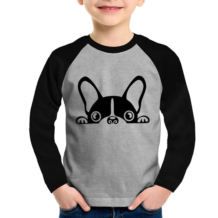 Camiseta Raglan Infantil Cachorro Boston Terrier Manga Longa - Cinza/Preto