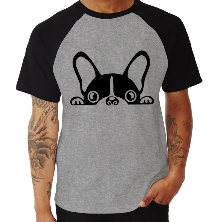 Camiseta Raglan Cachorro Boston Terrier - Cinza/Preto