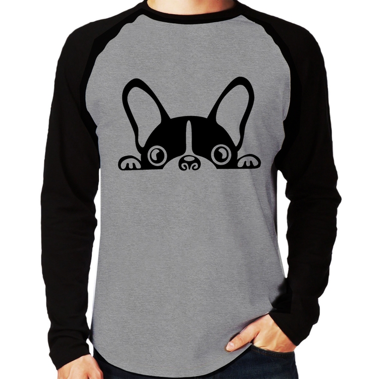 Camiseta Raglan Cachorro Boston Terrier Manga Longa - Cinza/Preto