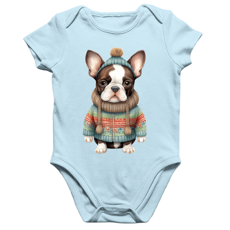 Body Bebê Algodão Cachorro Bulldog Francês Natalino - Azul Bebê