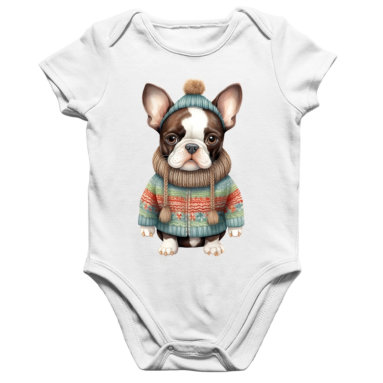 Body Bebê Algodão Cachorro Bulldog Francês Natalino - Branco