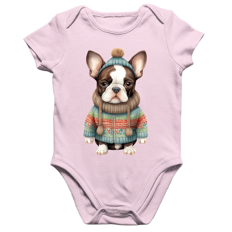Body Bebê Algodão Cachorro Bulldog Francês Natalino - Rosa Bebê