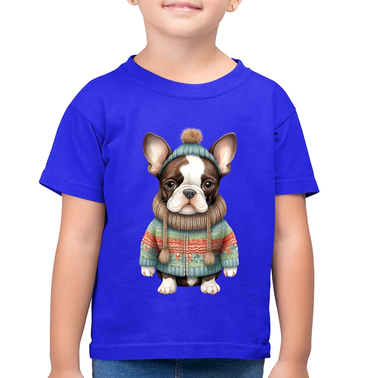 Camiseta Algodão Infantil Cachorro Bulldog Francês Natalino - Azul Royal