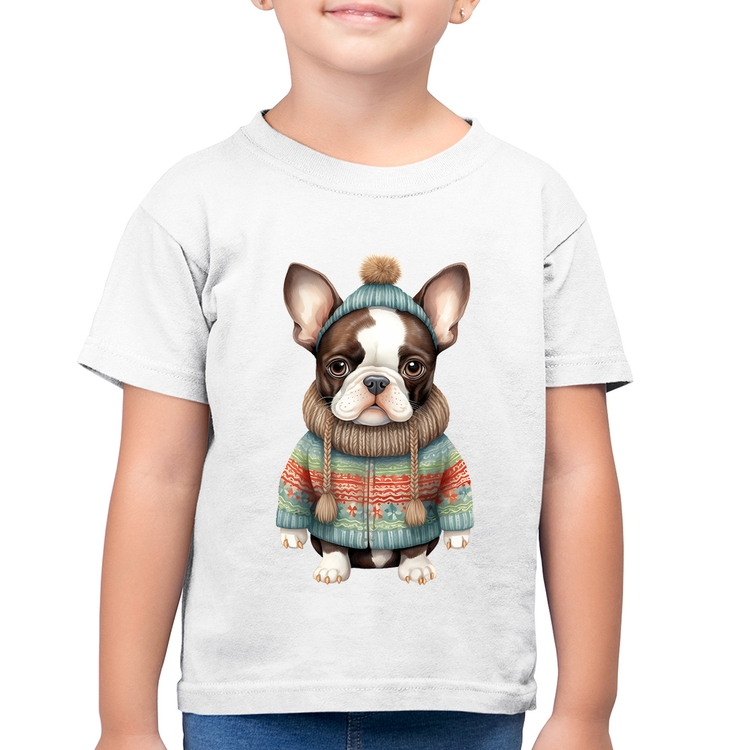 Camiseta Algodão Infantil Cachorro Bulldog Francês Natalino - Branca