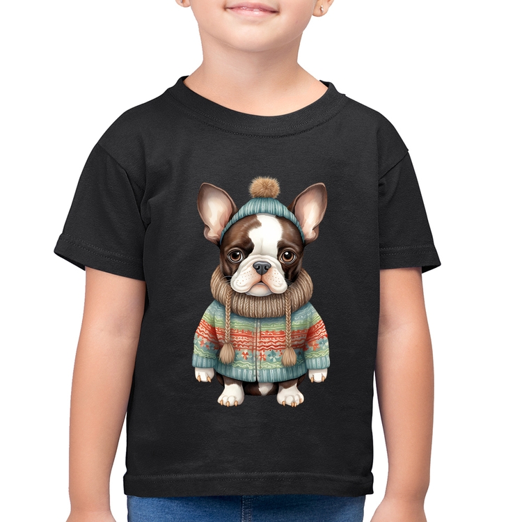 Camiseta Algodão Infantil Cachorro Bulldog Francês Natalino