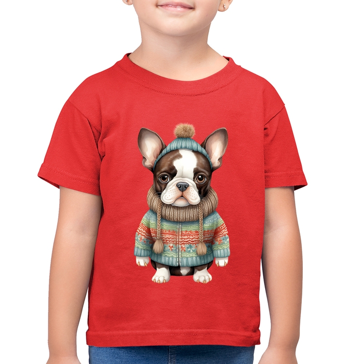 Camiseta Algodão Infantil Cachorro Bulldog Francês Natalino - Vermelha