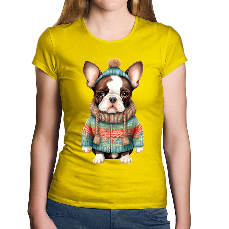 Baby Look Algodão Cachorro Bulldog Francês Natalino - Amarela