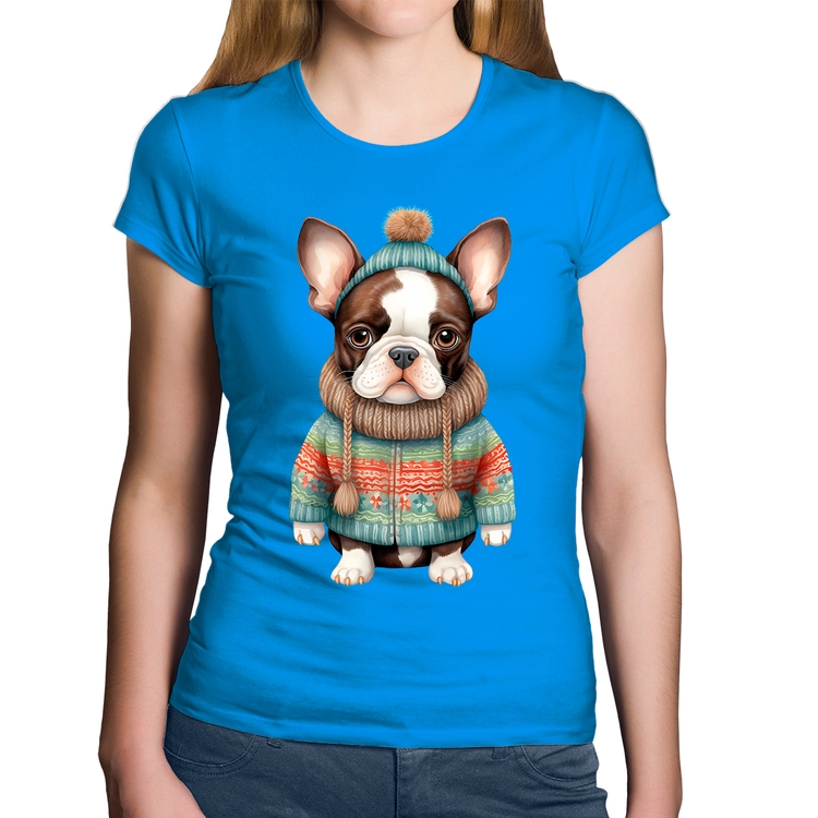 Baby Look Algodão Cachorro Bulldog Francês Natalino - Azul