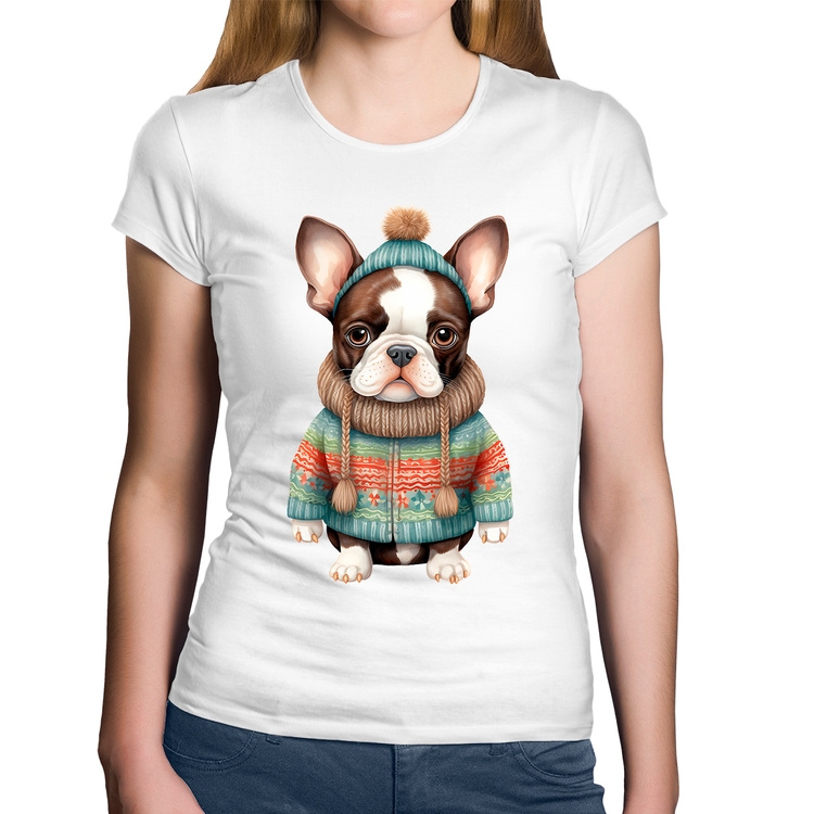 Baby Look Algodão Cachorro Bulldog Francês Natalino - Branca