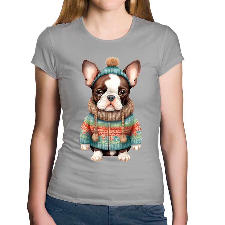 Baby Look Algodão Cachorro Bulldog Francês Natalino - Cinza