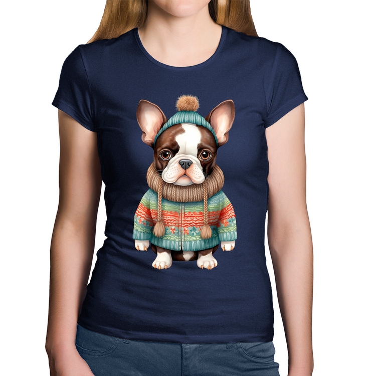 Baby Look Algodão Cachorro Bulldog Francês Natalino - Marinho