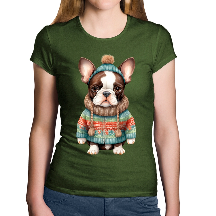 Baby Look Algodão Cachorro Bulldog Francês Natalino - Musgo