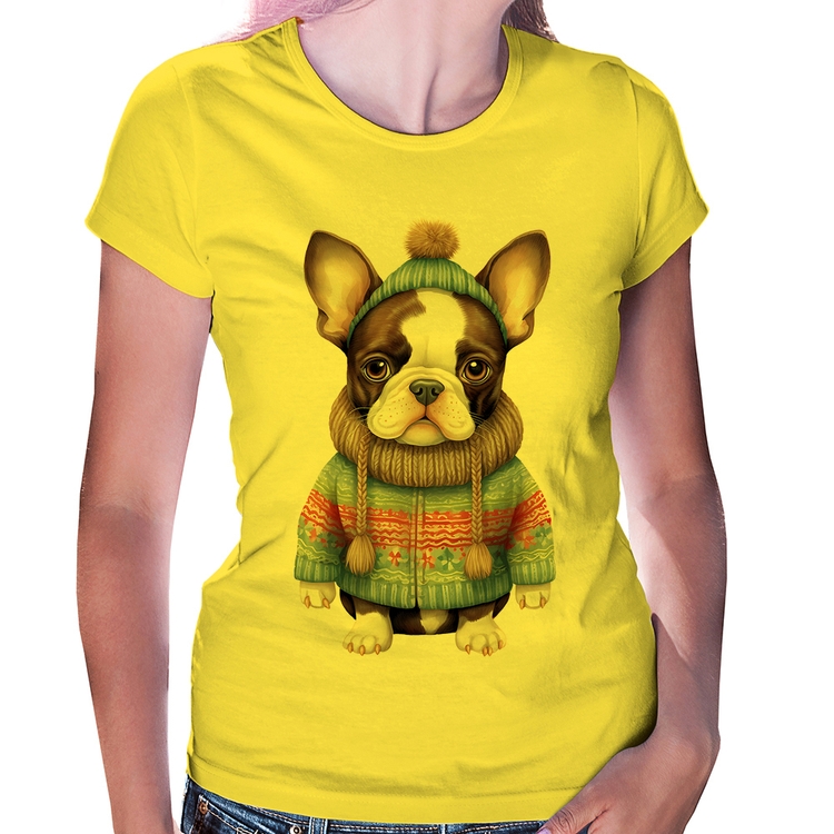 Baby Look Cachorro Bulldog Francês Natalino - Amarela