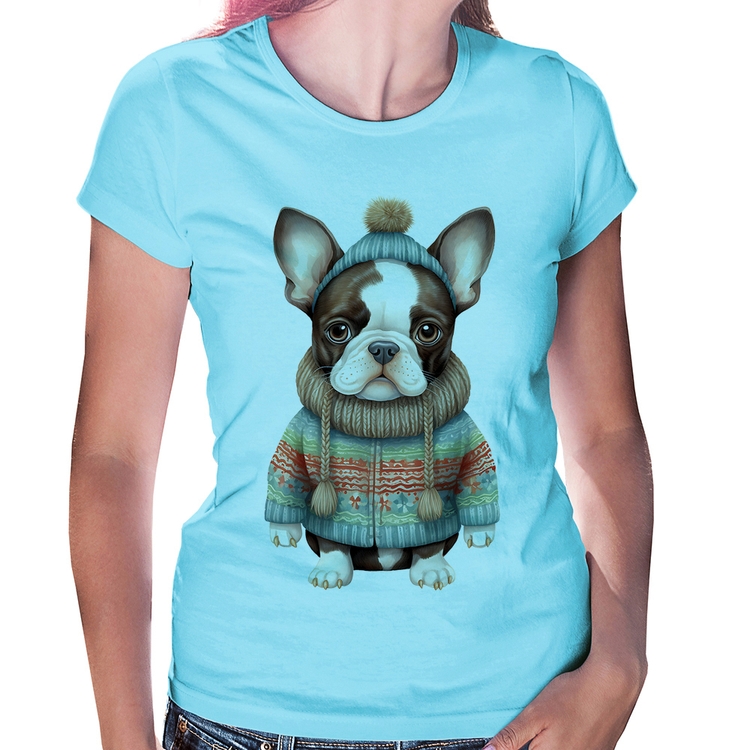 Baby Look Cachorro Bulldog Francês Natalino - Azul Bebê