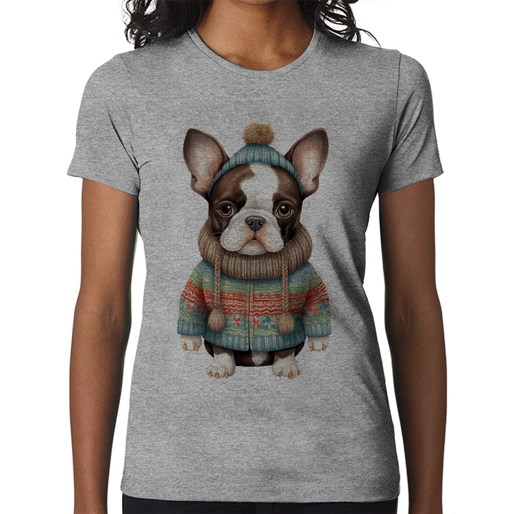 Baby Look Cachorro Bulldog Francês Natalino - Cinza