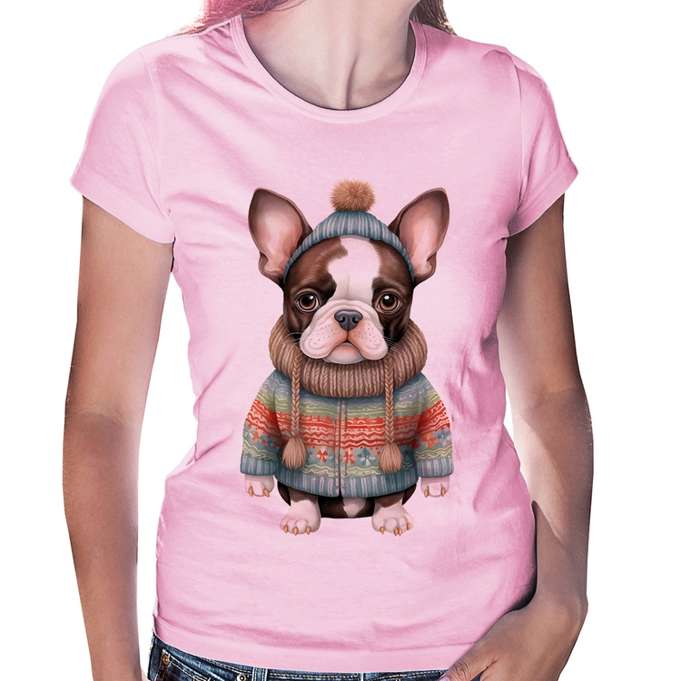 Baby Look Cachorro Bulldog Francês Natalino - Rosa Bebê