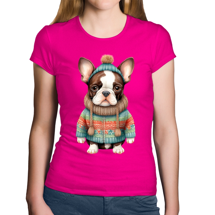 Baby Look Algodão Cachorro Bulldog Francês Natalino - Rosa