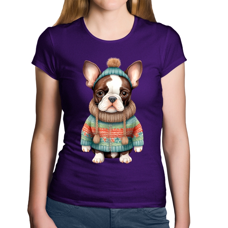 Baby Look Algodão Cachorro Bulldog Francês Natalino - Roxa