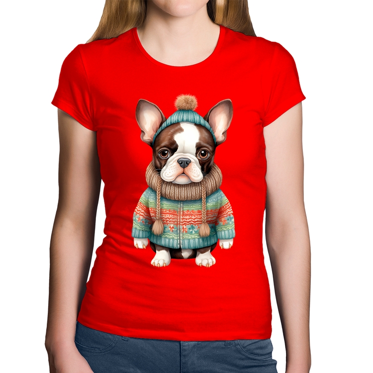 Baby Look Algodão Cachorro Bulldog Francês Natalino - Vermelha